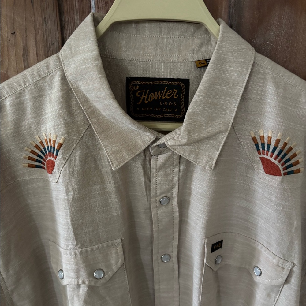 Howler Bros. Pearl snap, Embroidered Beige Shirt, XXL